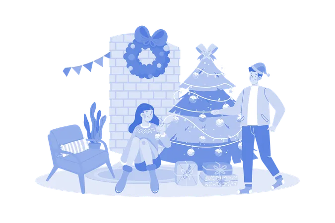 Couple decorate Christmas tree together  イラスト