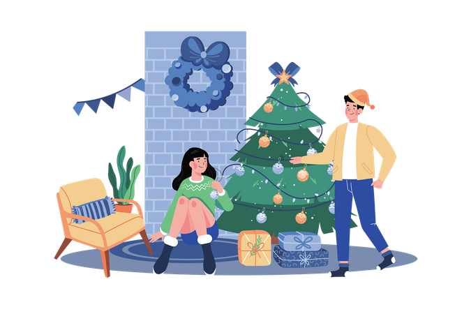 Couple decorate Christmas tree together Illustration