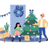 illustrations of couple decorate christmas tree