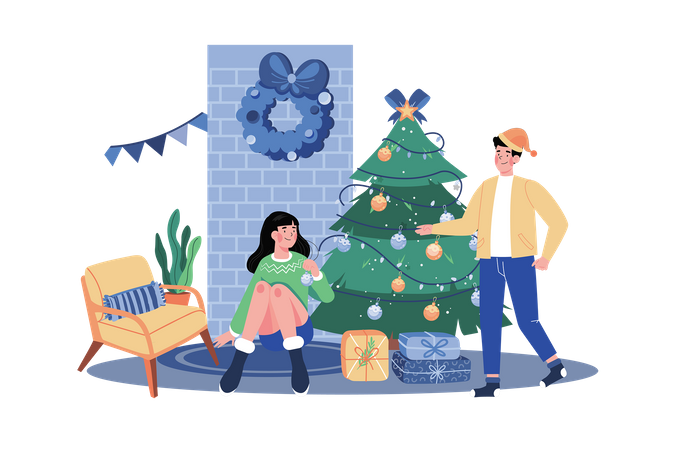 Couple decorate Christmas tree together  Illustration