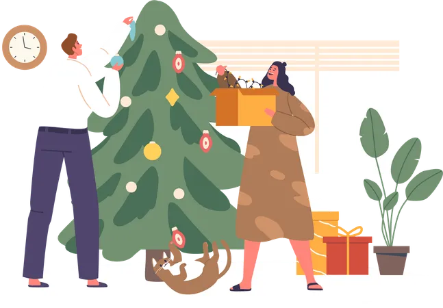 Joyful Couple Characters Adorned In Festive Attire Decorates A Twinkling Christmas Tree Exchanging Smiles And Laughter Surrounded By The Warmth Of Holiday Lights Cartoon People Vector Illustration Illustration