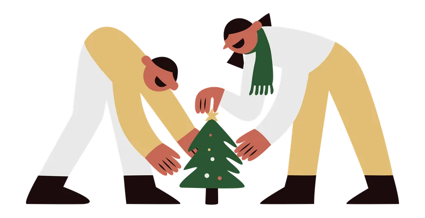 Couple Decorating Christmas Tree  Illustration