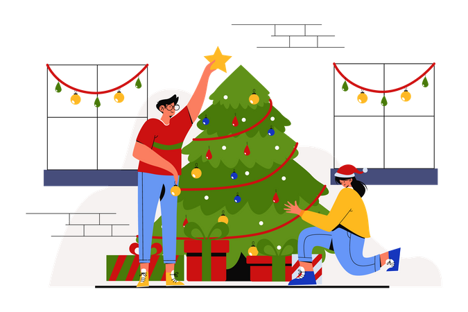 Couple Decorating Christmas tree Illustration