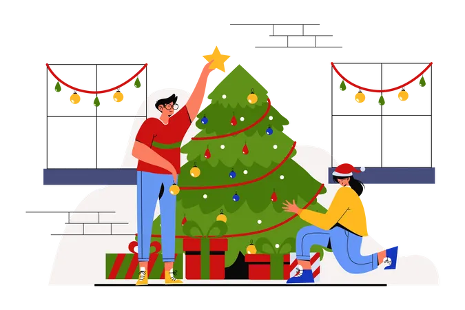 Couple Decorating Christmas tree  Illustration