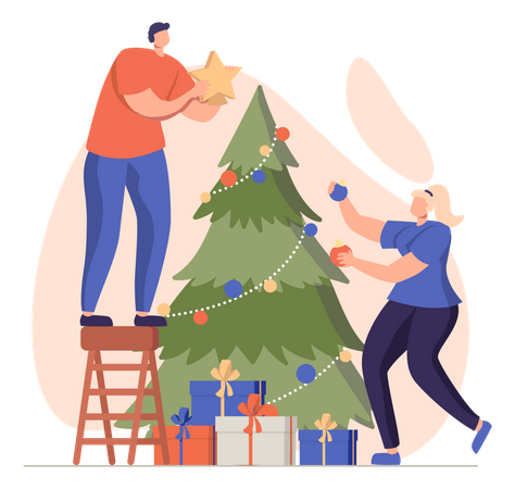 Couple Decorating Christmas Tree Illustration