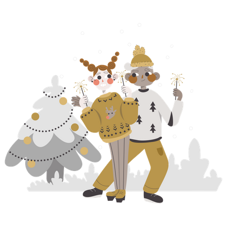 Couple decorating Christmas tree Illustration