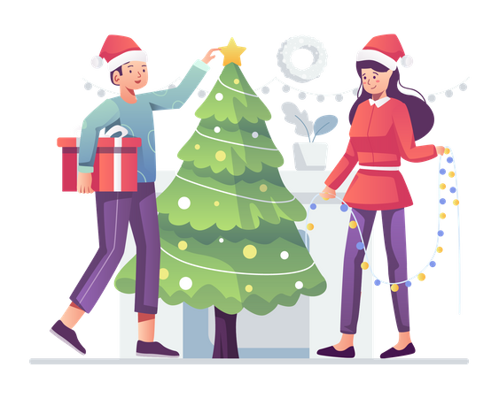 Couple decorating christmas tree Illustration