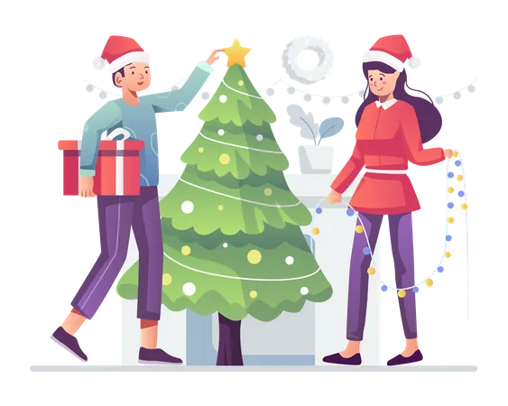 Vector Illustration Cartoon Christmas Family Decorating Christmas Tree And Celebration For New Year Happy Family Or Group Of Friends Preparing For Holiday Celebration Illustration