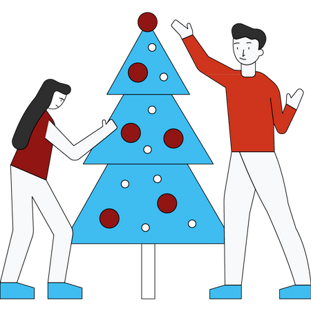 Couple decorating Christmas tree Illustration