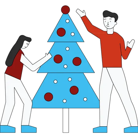 Boy And Girl Decorating The Christmas Tree Illustration