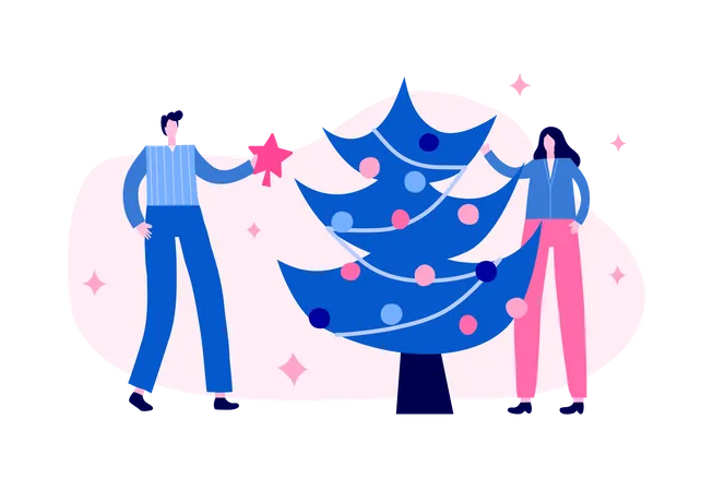 Man And Woman Decorating Christmas Tree With Garland Star And Balls Happy New Year Greeting Card Vector Illustration In Modern Flat Style Team Members Or Couple Preparing For Xmas Illustration