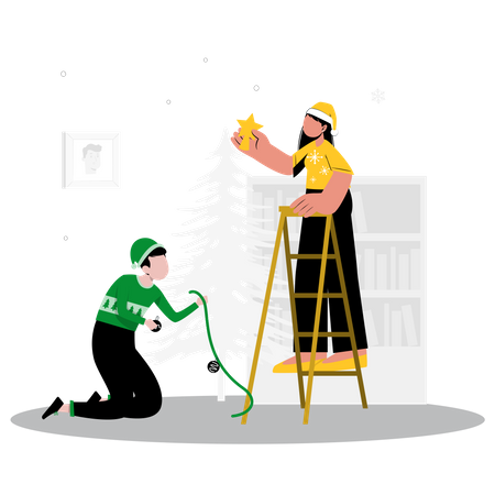 Couple decorating Christmas tree  Illustration