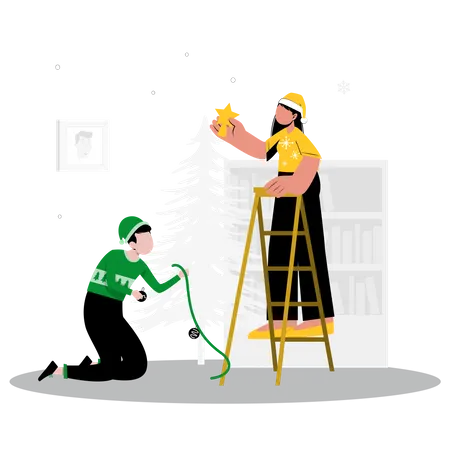 Couple decorating Christmas tree  Illustration