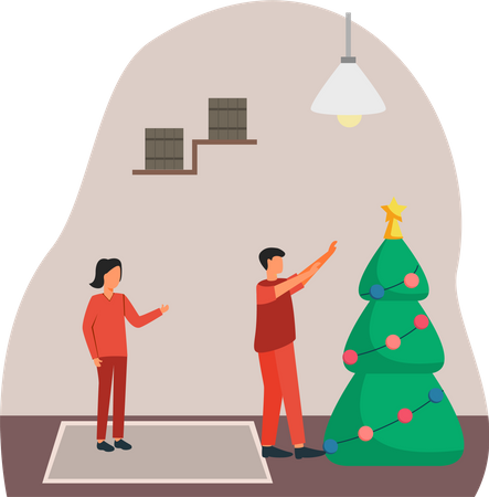 Couple decorating Christmas tree  Illustration