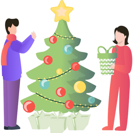 Couple decorating Christmas tree  Illustration