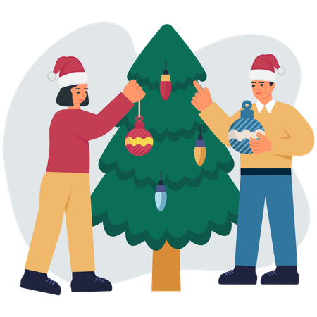 Couple decorating christmas tree  Illustration