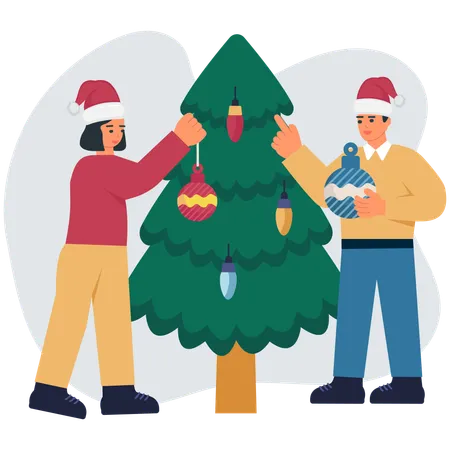 Couple decorating christmas tree  Illustration