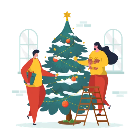 Couple decorating Christmas tree  Illustration