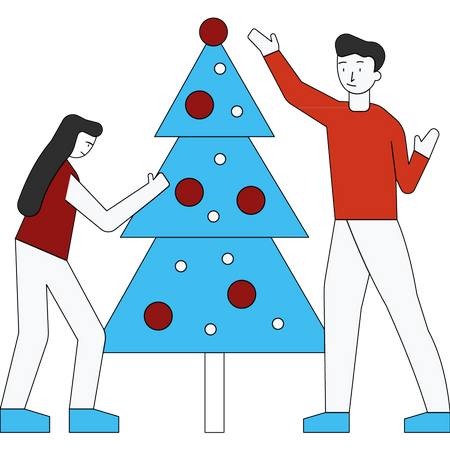 Couple decorating Christmas tree  Illustration