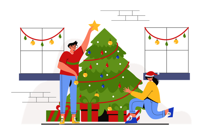 Couple Decorating Christmas tree  Illustration