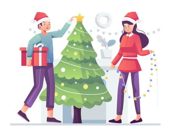 Couple decorating christmas tree  Illustration