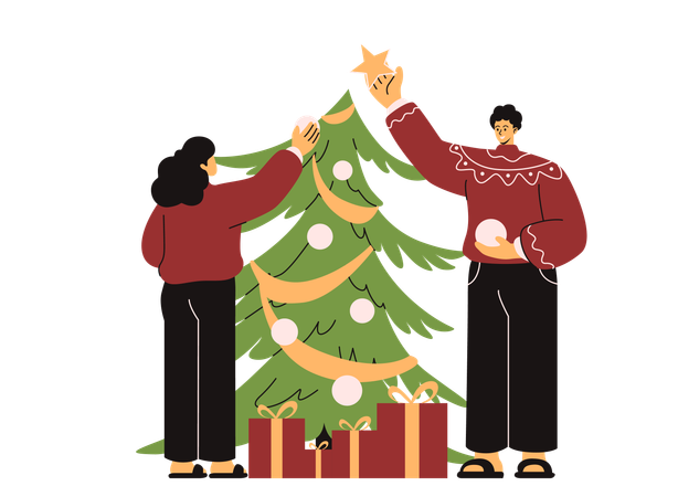 Couple Decorating Christmas Tree  Illustration