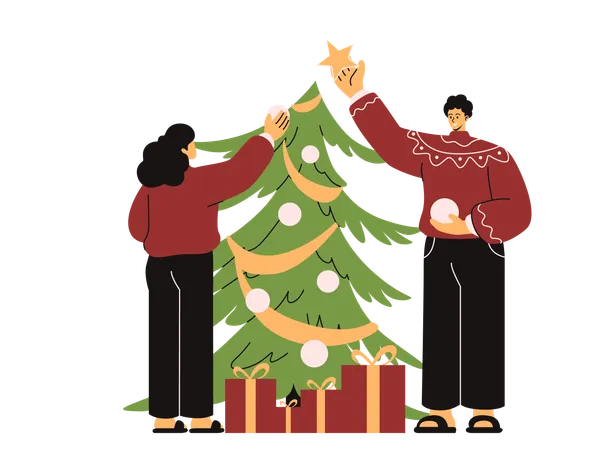 Couple Decorating Christmas Tree  Illustration