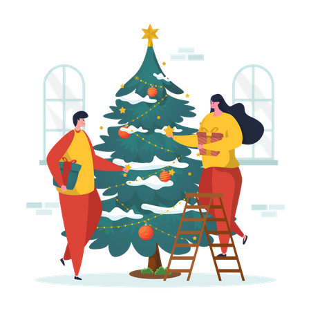 Couple decorating Christmas tree  Illustration