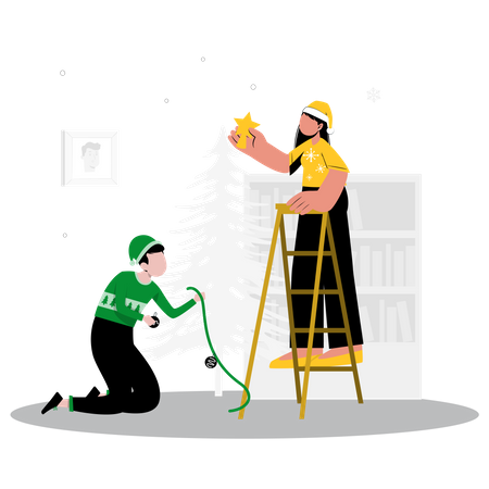 Couple decorating Christmas tree  Illustration