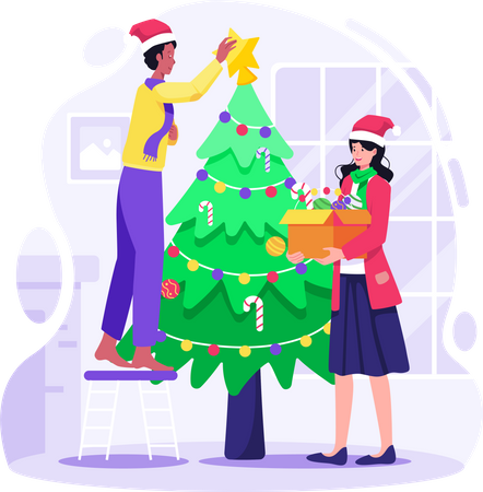 Couple decorating Christmas tree together at Home  Illustration