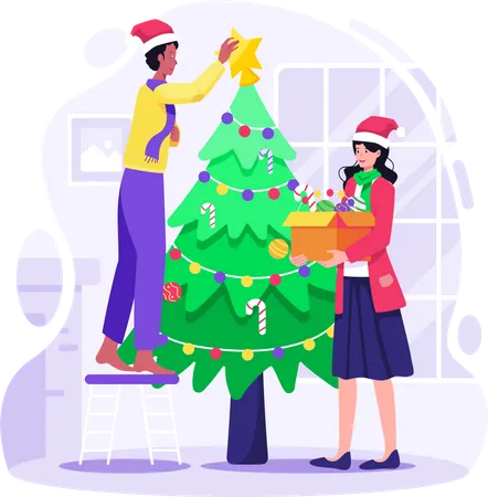 Couple decorating Christmas tree together at Home  Illustration