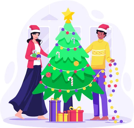 Couple decorating Christmas tree together for Christmas Illustration