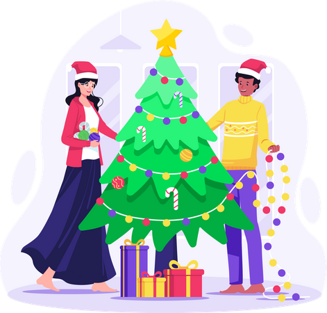 Couple decorating Christmas tree together for Christmas  Illustration