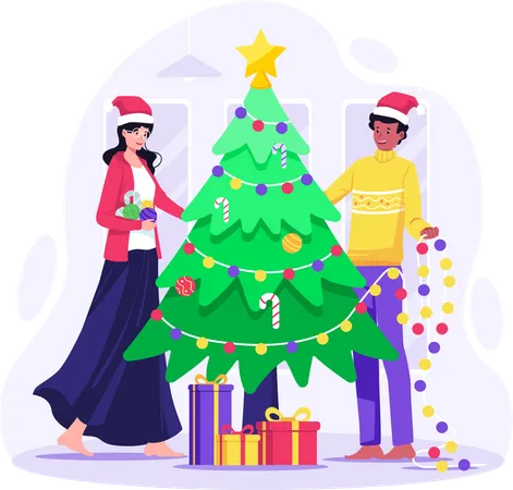 Couple decorating Christmas tree together for Christmas  Illustration