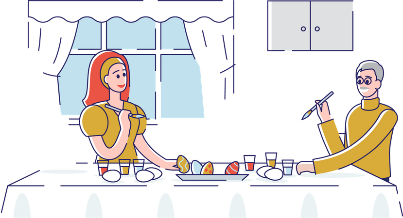 Couple decorating easter egg  イラスト