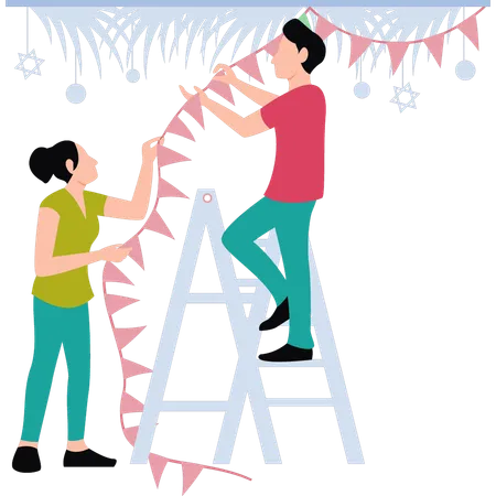 Couple decorating house together  Illustration