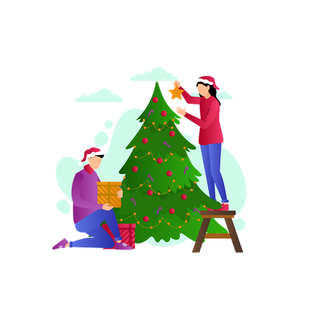 Couple décorant le sapin de Noël  Illustration