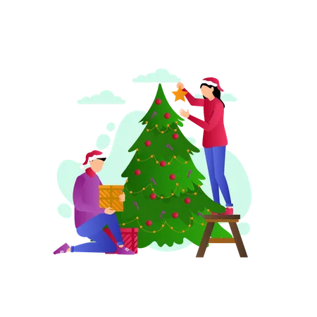 Couple décorant le sapin de Noël  Illustration