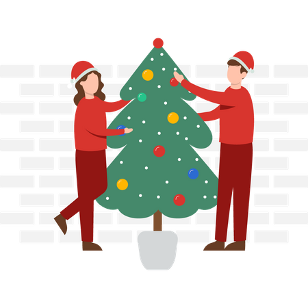 Couple décorant le sapin de Noël  Illustration