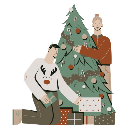 Couple décorant le sapin de Noël  Illustration