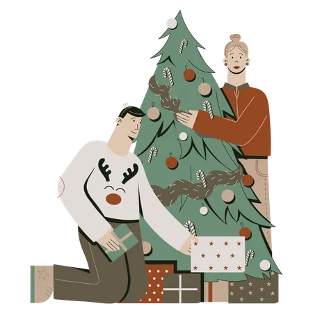 Couple décorant le sapin de Noël  Illustration