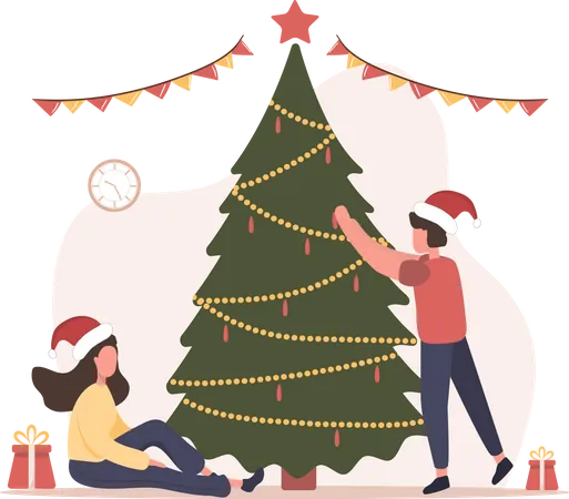 Couple décorant le sapin de Noël  Illustration