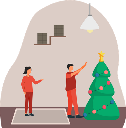 Couple décorant le sapin de Noël  Illustration