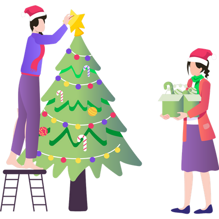 Couple décorant le sapin de Noël  Illustration