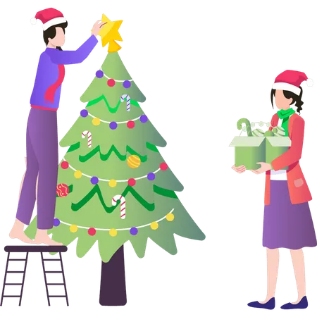 Couple décorant le sapin de Noël  Illustration