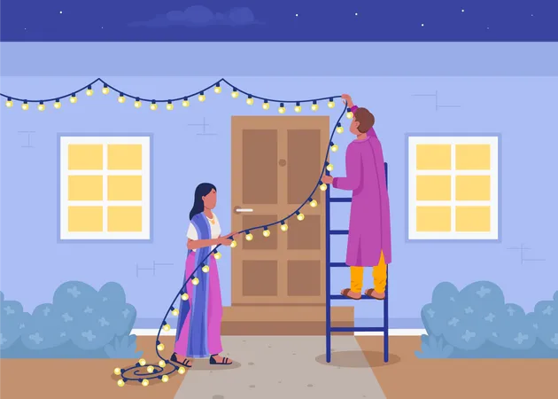 Couple décorant la maison pour Diwali  Illustration