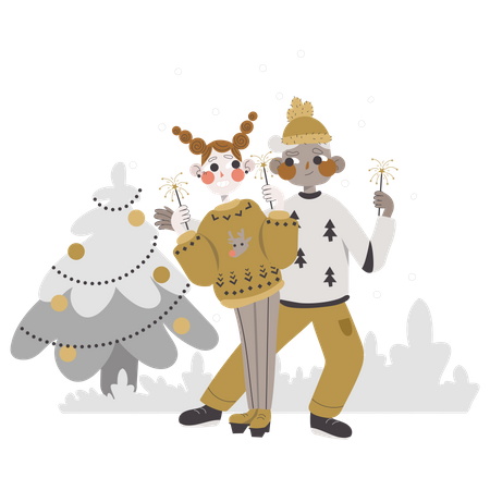 Couple décorant le sapin de Noël  Illustration