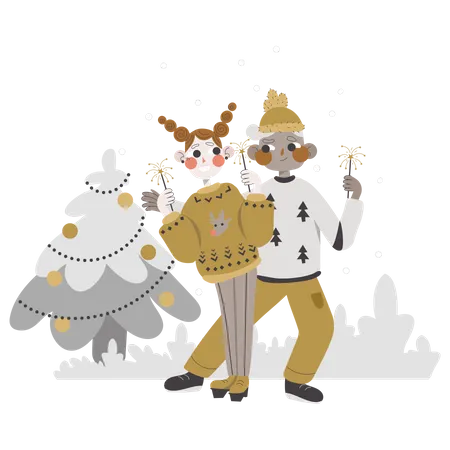 Couple décorant le sapin de Noël  Illustration