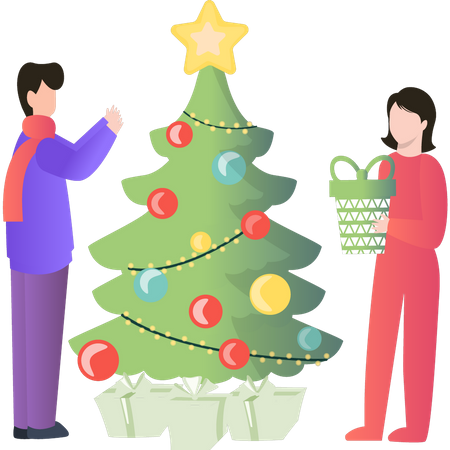 Couple décorant le sapin de Noël  Illustration