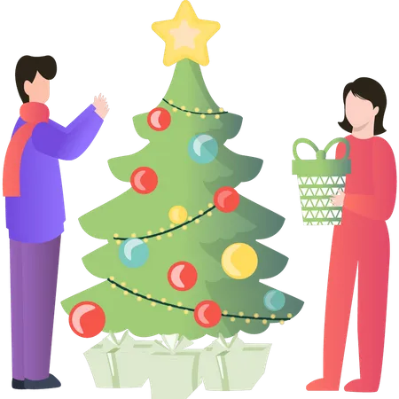 Couple décorant le sapin de Noël  Illustration